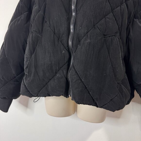 Zara Puffer Coat Jacket Womens M Black Quilted Wax Crop Oversized Winter - Picture 3 of 12